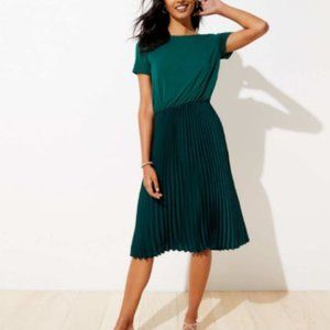 LOFT Mixed Media Pleated Dress in Emerald